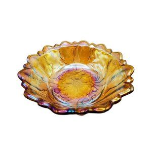 Vintage Indiana Glass Wild Rose Iridescent Amber 9” Carnival Glass Footed Bowl